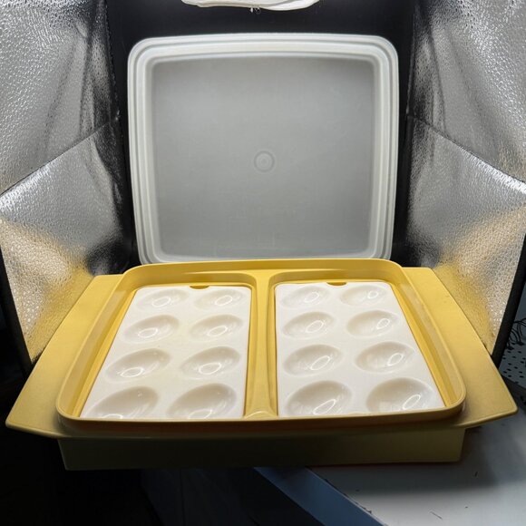 Vintage Tupperware Deviled Egg Carrier With Lid & 2 Inserts Yellow & White - Picture 1 of 10
